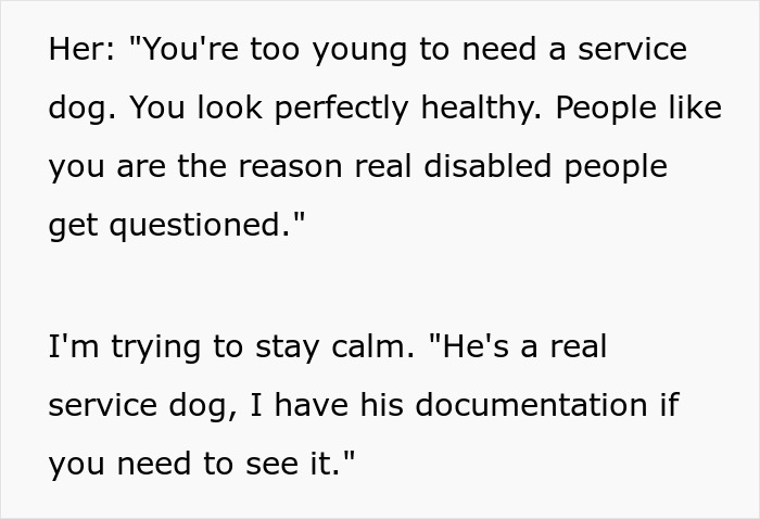 Text showing a confrontation about service dog fraud where a woman claims someone looks perfectly healthy despite having a service dog.