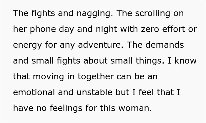 Text excerpt describing emotional struggles, fights, and lack of feelings in a troubled relationship involving younger woman.