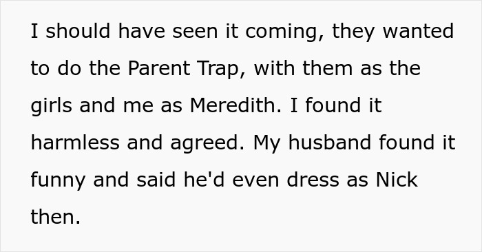 Text about twins wanting to include stepmom in group Halloween costume while mother finds it inappropriate.