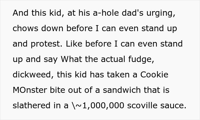 Text excerpt describing a kid urged by dad to eat a spicy chicken sandwich coated in extremely hot Scoville sauce.