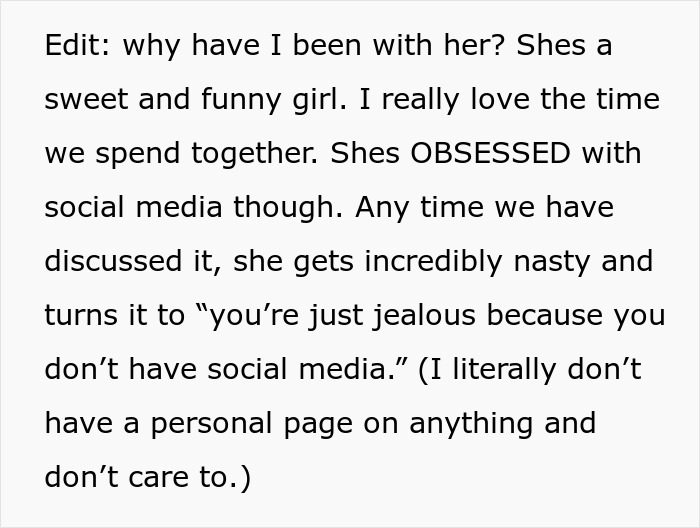 Text post about a gym influencer obsessed with social media and conflict with her boyfriend over honesty.