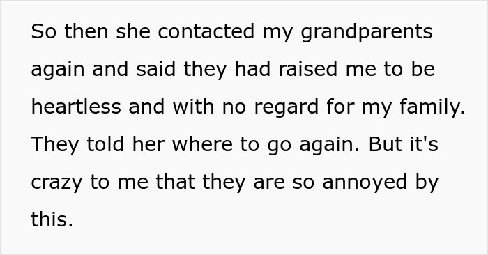 Text excerpt about bio mom abandoning son and family conflict over financial support years later in black font on white background. Text excerpt about bio mom abandoning son and family conflict over financial support years later in black font on white background.