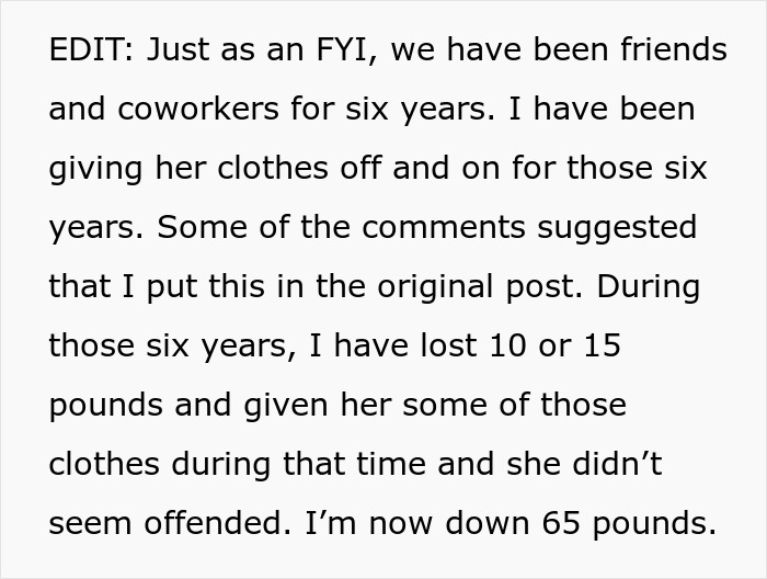 Text post explaining a coworker giving old clothes to a woman losing weight to show her up. Text post explaining a coworker giving old clothes to a woman losing weight to show her up.