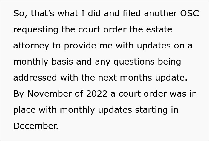 Text excerpt about filing a court order to receive monthly updates on estate matters related to grieving daughter&rsquo;s financial fight.
