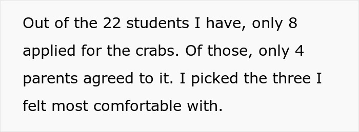Teacher gives kids hermit crabs as pets in classroom setting, sparking parent backlash after one crab dies.