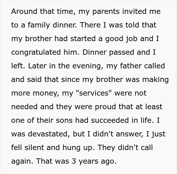Text describing parents&rsquo; blatant favoritism causing conflict after son refuses to help them following family dinner and rejection.