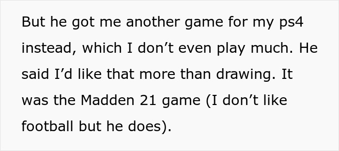 Text excerpt from a teen telling dad about a cake fail and mentioning getting a PS4 game instead.