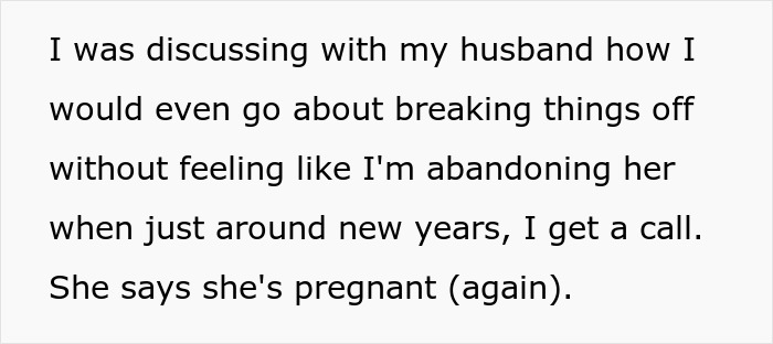 Text message describing a woman discussing ending a friendship due to her friend&rsquo;s multiple pregnancies and complex family situation.