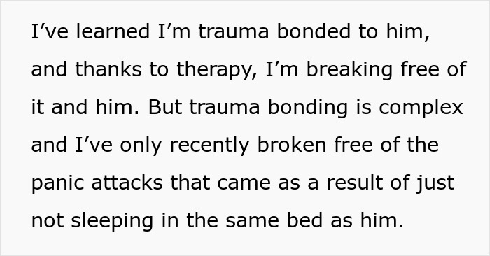 Text excerpt about a woman breaking free from trauma bonding in her marriage after disturbing confession and therapy.