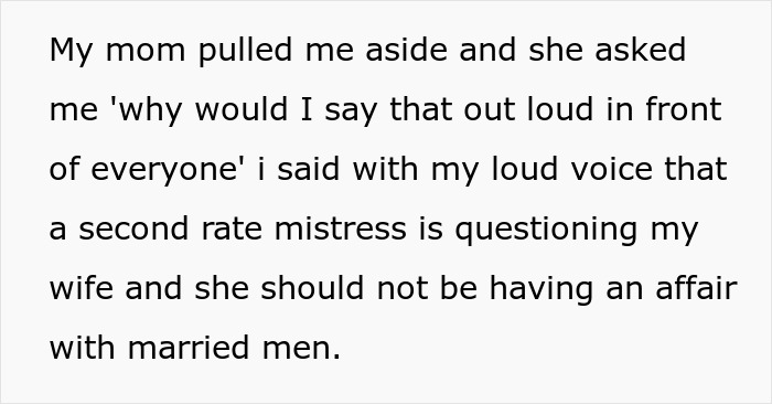 Text message exchange about a mistress accusing a wife of cheating and a man defending his marriage amidst family conflict.