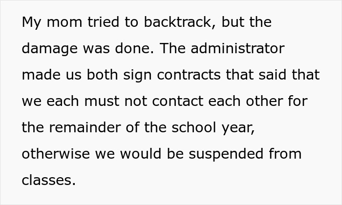 Text excerpt discussing parents who lied about food allergies and a no contact agreement enforced by a school administrator.