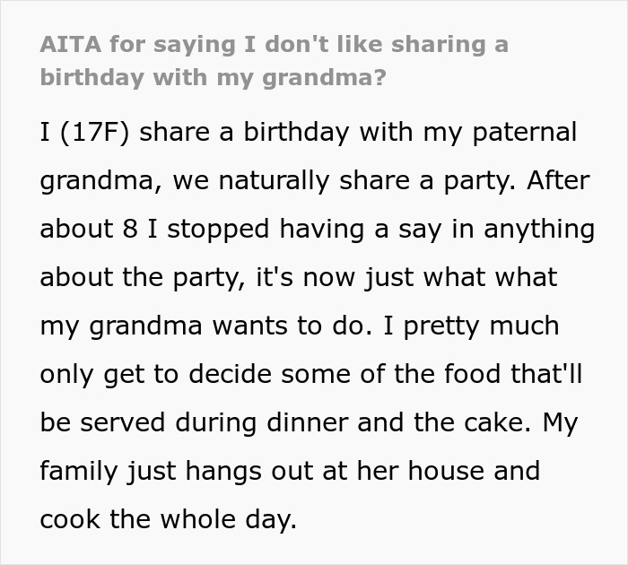 Text post from 17YO venting about sharing birthday with grandma and feeling excluded from party decisions, causing family drama.