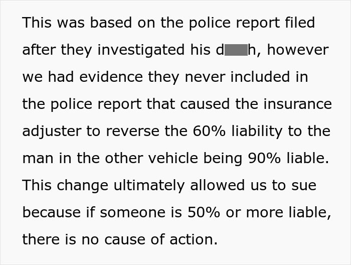 Text excerpt from a police report discussing liability reversal and a grieving daughter's efforts to drive step-monster to financial ruin.