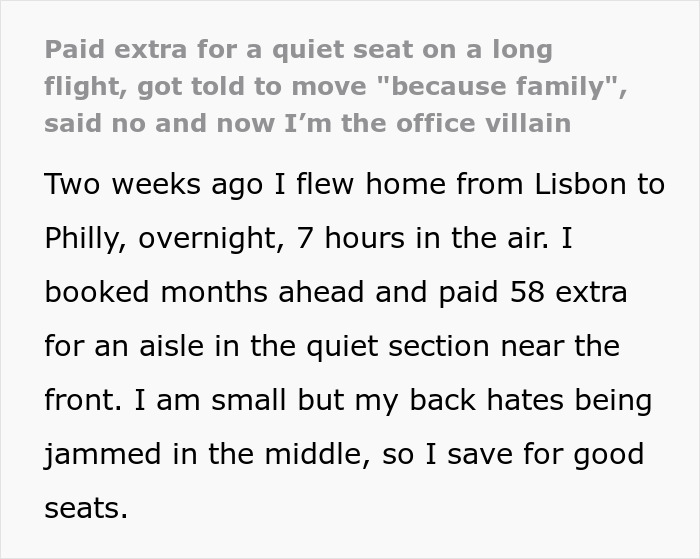 Woman refuses rude family&rsquo;s plane seat swap attempt, coworkers label her a villain for standing her ground during flight dispute.