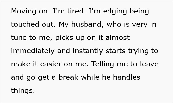 Text excerpt showing a mom describing her husband supporting her by encouraging a break to handle talkative neighbors and privacy needs.