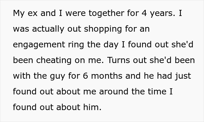 Text excerpt describing a man discovering his ex's cheating and calling her bluff to find peace in their breakup.