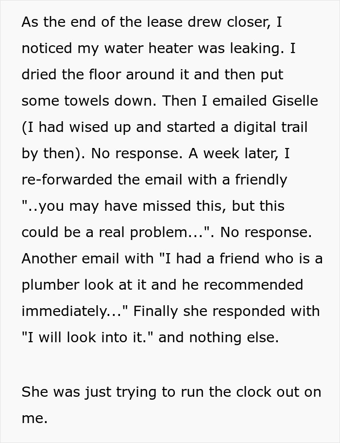 Tenant describes on-site landlord acting awful by ignoring leaking water heater before rent doubled at lease end.