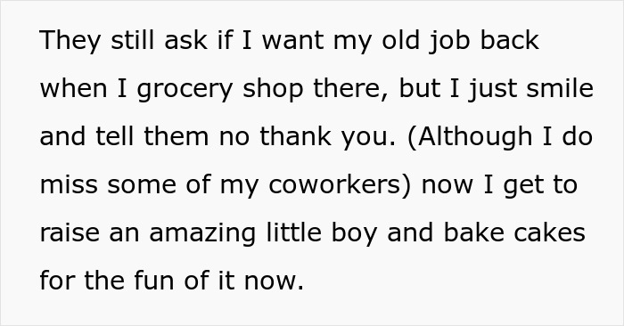 Text explaining a woman recalling her old bakery job while now baking cakes for fun and raising her son.