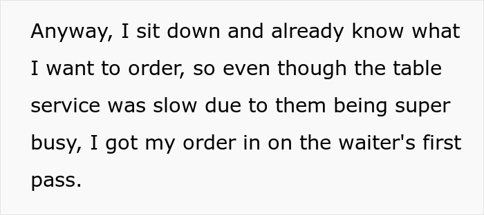 Text excerpt describing slow table service and placing an order, related to spicy chicken sandwich incident.