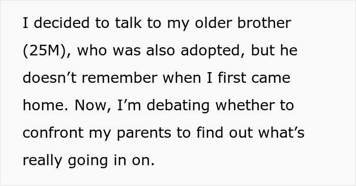 Text about deciding to confront parents after discovering adoption details through DNA test and family discussions. Text about deciding to confront parents after discovering adoption details through DNA test and family discussions.