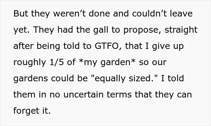Text excerpt showing a man having to turn on Karen mode with neighbors claiming the whole block belongs to them.