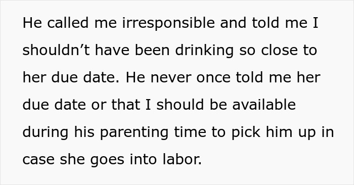 Text excerpt about a mom refusing to drive drunk to pick up her child amid an argument with her ex during his girlfriend&rsquo;s labor.