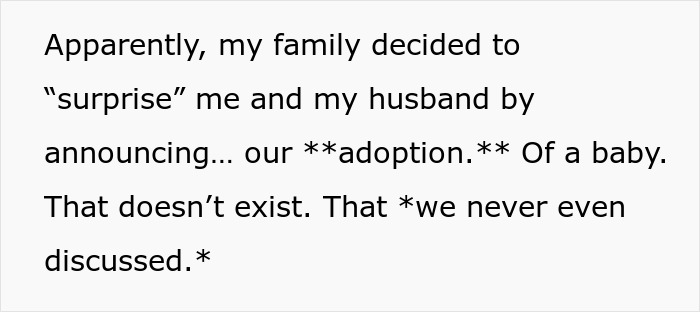 Text on a white background about a family planning a bizarre, fake adoption that causes drama and confusion.