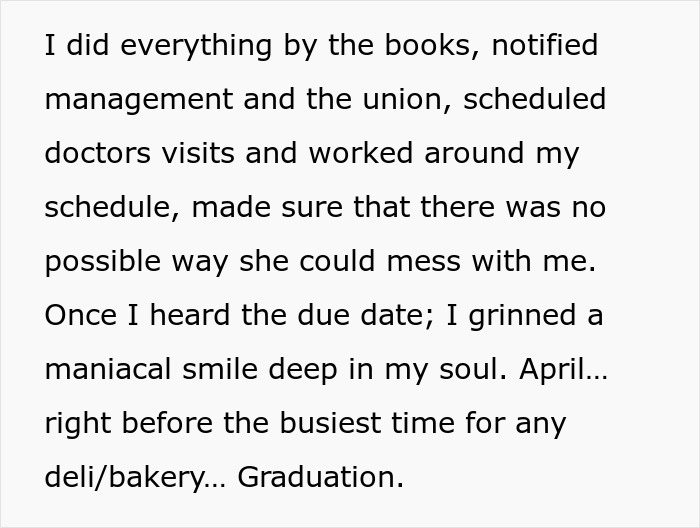 Text excerpt describing careful planning to take revenge on a bakery manager during a busy graduation season.