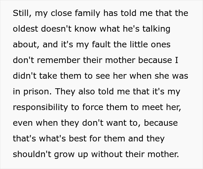 Text excerpt discussing family conflict over kids not wanting to see their ex-con mom and the responsibility involved. Text excerpt discussing family conflict over kids not wanting to see their ex-con mom and the responsibility involved.