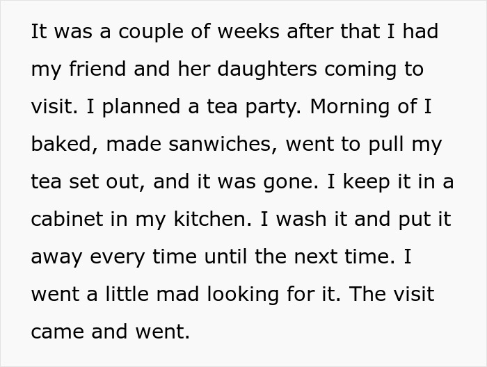 Woman upset after discovering her stolen tea set, highlighting marital issues caused by giving it to his niece.