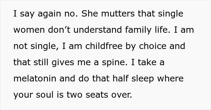 Text excerpt about a lady refusing to swap plane seats with a rude family, highlighting the conflict and family dynamics.
