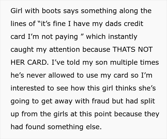 Teen girl with boots confronted by self-appointed fraud police woman at store, causing emotional distress over alleged fraud.