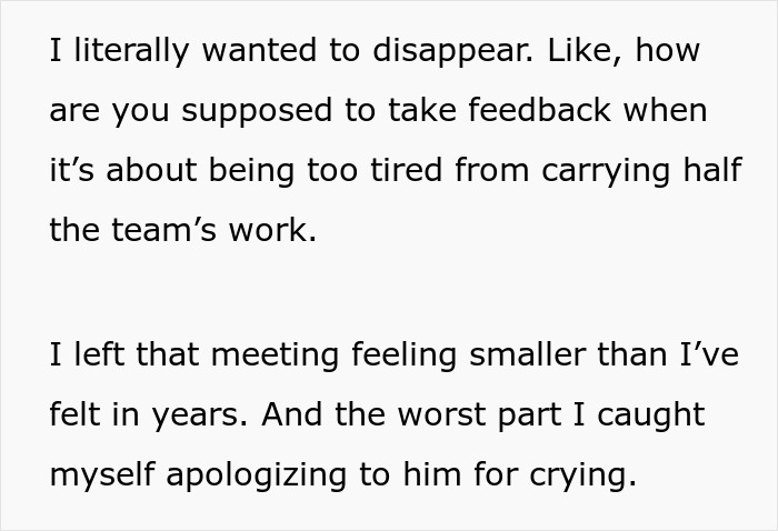 Text excerpt expressing a worker feeling unappreciated despite going above and beyond at work.