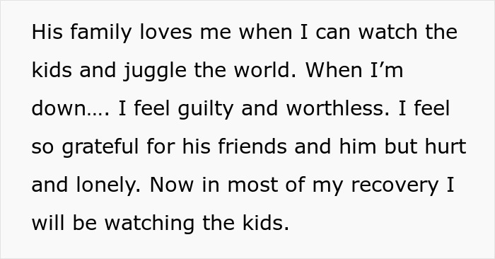 Text showing a woman&rsquo;s struggle with no support while caring for two kids after surgery, feeling hurt and lonely.