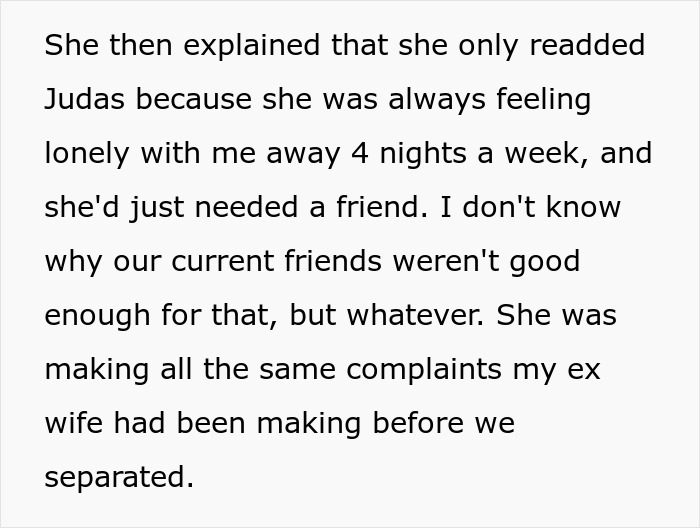 Text excerpt discussing feelings of loneliness and complaints similar to those made by an ex-wife after separation.