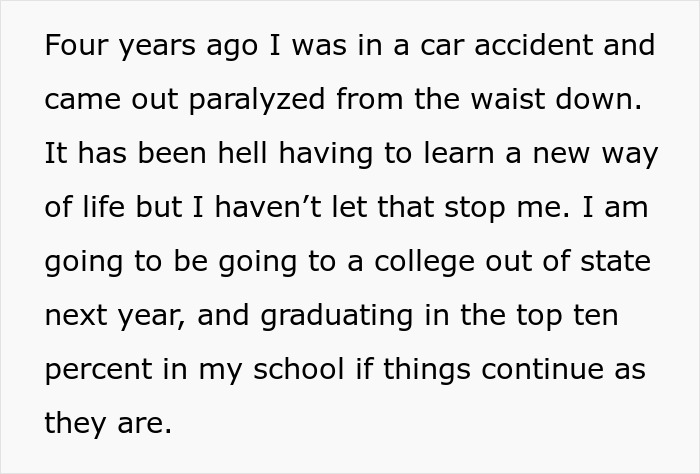 Text about a paralyzed woman sharing her journey after a car accident and her plans for college despite challenges.