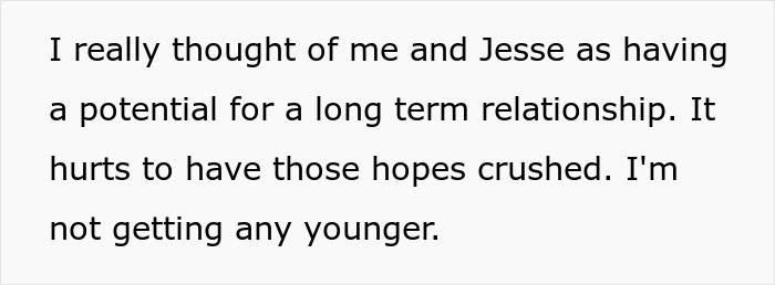 Text expressing disappointment about a potential long-term relationship with boyfriend&rsquo;s grown son and feeling of lost hope.