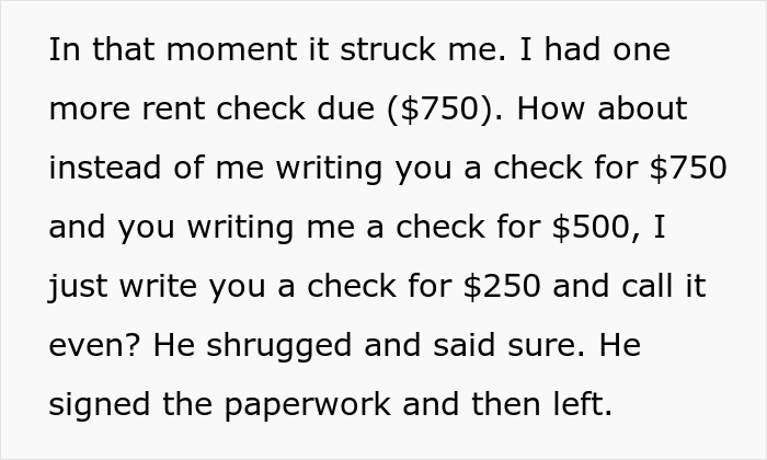 Text showing a tenant negotiating with an on-site landlord who acts awful, resulting in rent effectively being doubled.