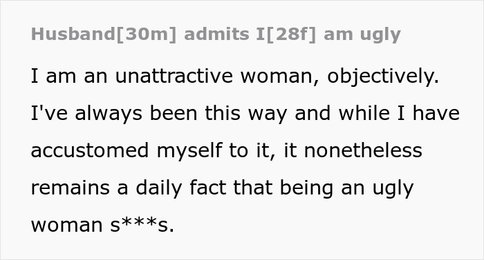 Text message conversation where husband admits his wife is ugly and discusses challenges of being an ugly woman.