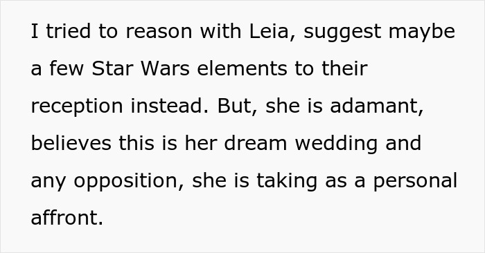 Text about bride insisting on Star Wars elements for her wedding, causing panicked brother to worry about surviving the Force.