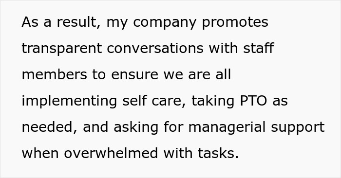 Text about company promoting transparent conversations and self care to address burnout and hostile work environment.