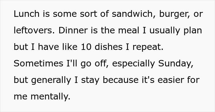 Text on a white background describing repeating dinner dishes and mental ease after husband yells about cooking the same thing.