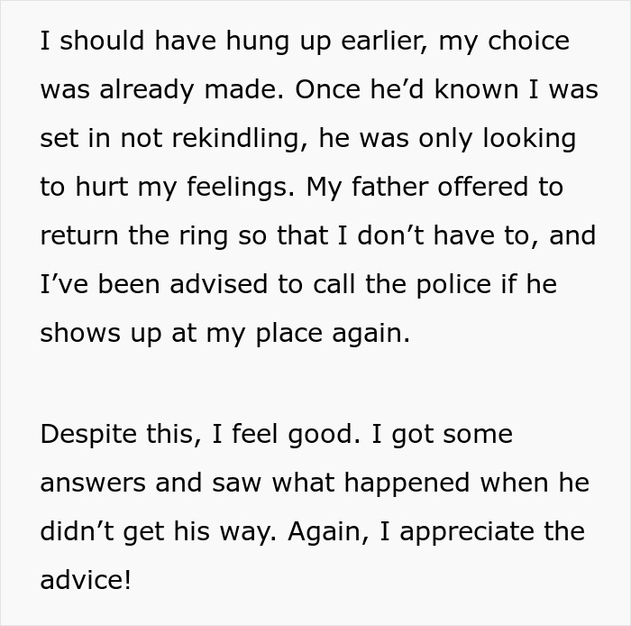 Text message describing a man proposing two months after breakup, showing true colors when refused and offering advice.