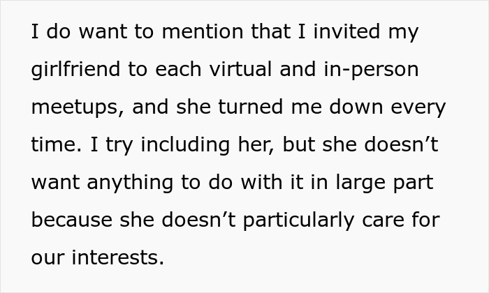 Text describing a boyfriend&rsquo;s girlfriend not wanting him to go on a trip with a female friend, causing him to reconsider their relationship.