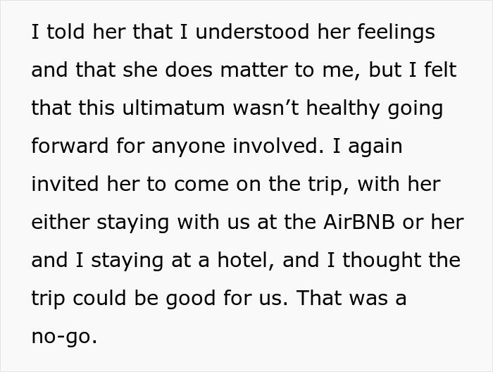 Conversation about GF not wanting BF to go on trip with female friend, leading him to reconsider their relationship.