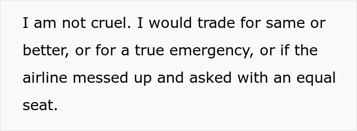 Text image showing a statement about refusing a seat swap despite rude family bullying on a plane.