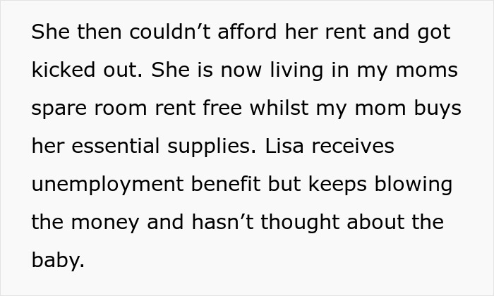Text showing a woman struggling to afford her miracle baby as she lives rent-free and neglects the baby's needs.