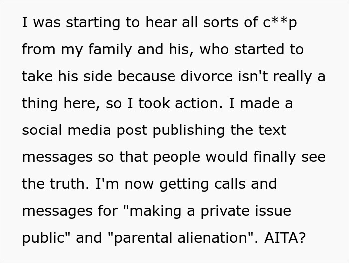 Text post discussing family conflict after husband leaves due to struggles with deaf baby, causing blame and social media exposure.