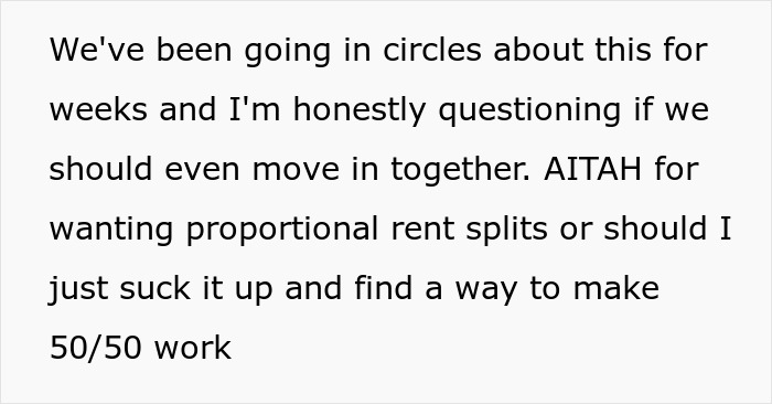 Text excerpt about a rich boyfriend demanding equal split rent while the girlfriend refuses to compromise.