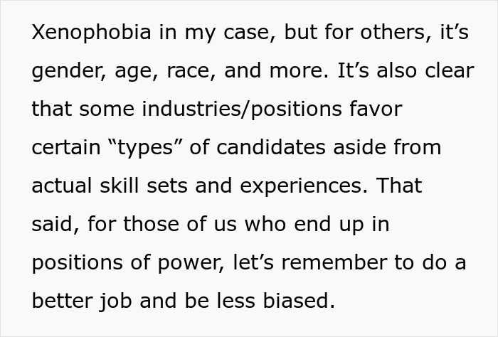 Text on a white background discussing xenophobia, bias in hiring based on race, gender, and age, and the need for fairness in job offers.